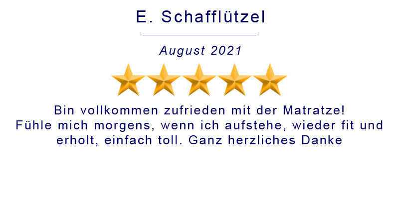 Bin vollkommen zufrieden mit der Matratze! Fühle mich morgens, wenn ich aufstehe, wieder fit und erholt, einfach toll. Ganz herzliches Danke